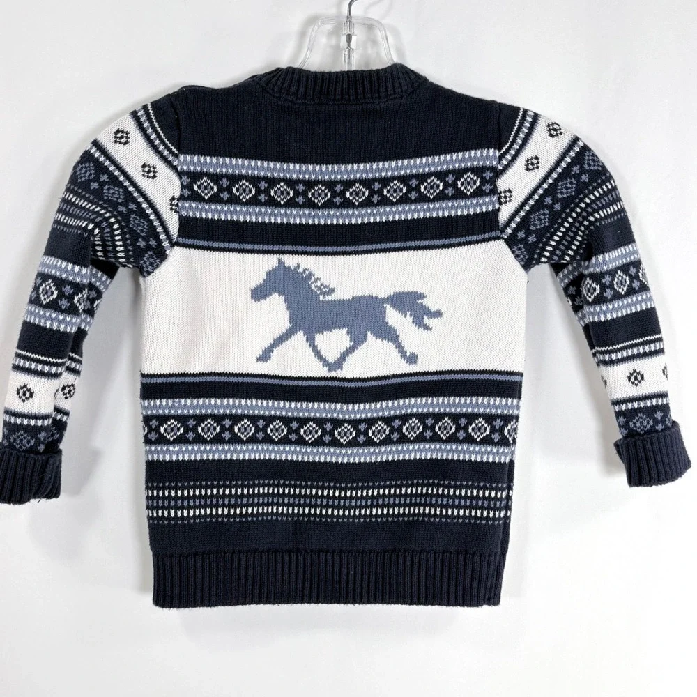 Gymboree Sweater Navy Blue‎ Horse Fair Isle Knit Cotton Kids 4T 7000444